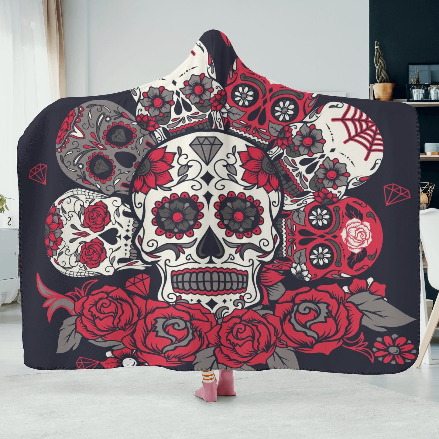 Floral sugar skull pattern Hooded Blanket