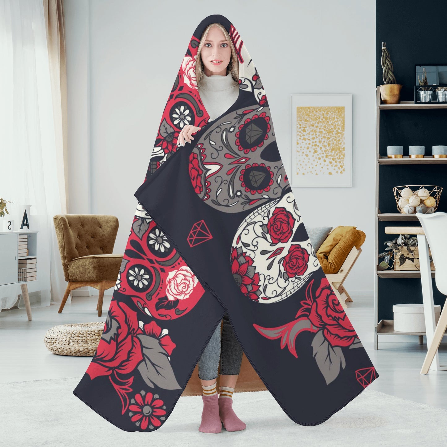 Floral sugar skull pattern Hooded Blanket