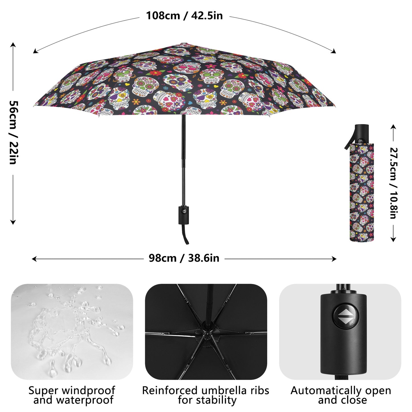 Dia de los muertos sugar skull pattern Fully Auto Open & Close Umbrella Printing Outside