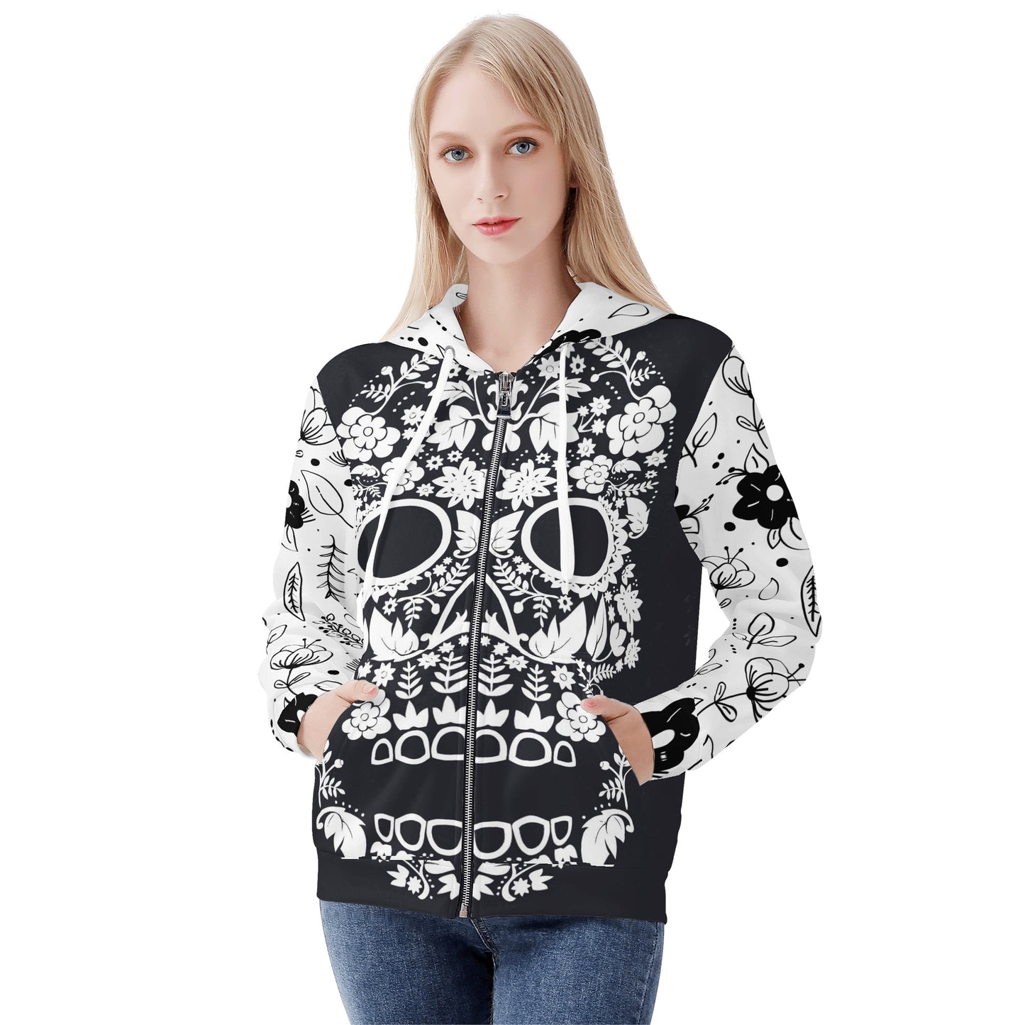 Beautiful floral sugar skull Women's All Over Print Zip Hoodie