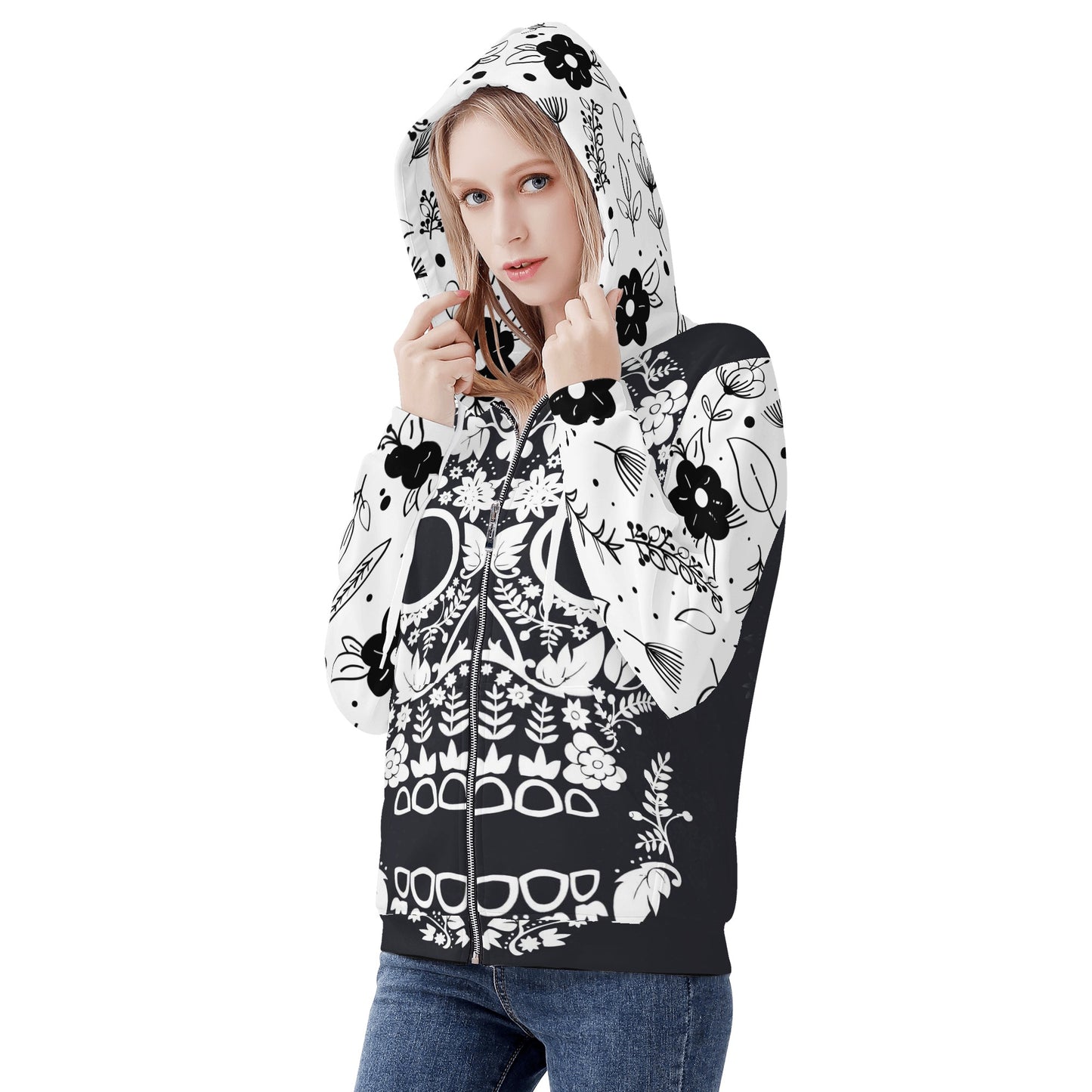 Beautiful floral sugar skull Women's All Over Print Zip Hoodie