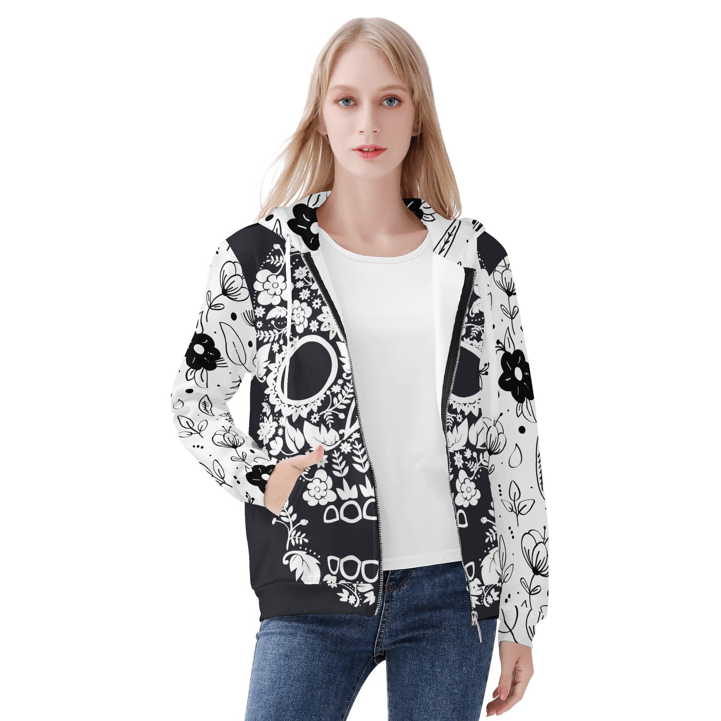 Beautiful floral sugar skull Women's All Over Print Zip Hoodie