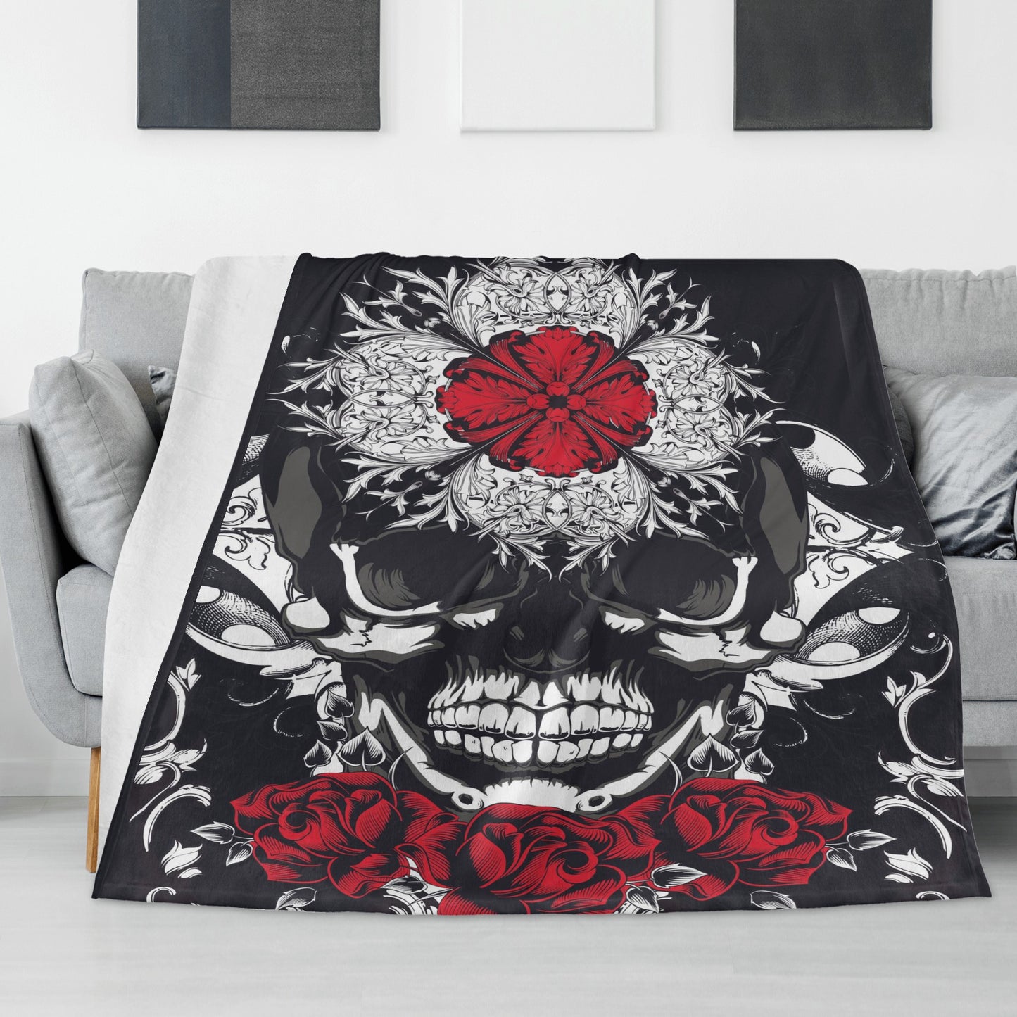 Gothic floral skull Horizontal Flannel Breathable Blanket 4 Sizes