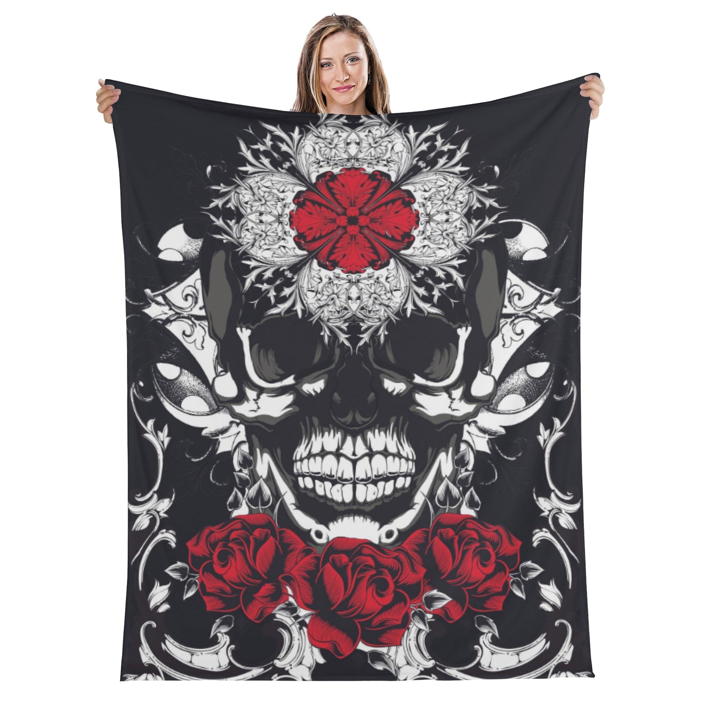 Floral skull pattern Long Vertical Flannel Breathable Blanket 4 Sizes