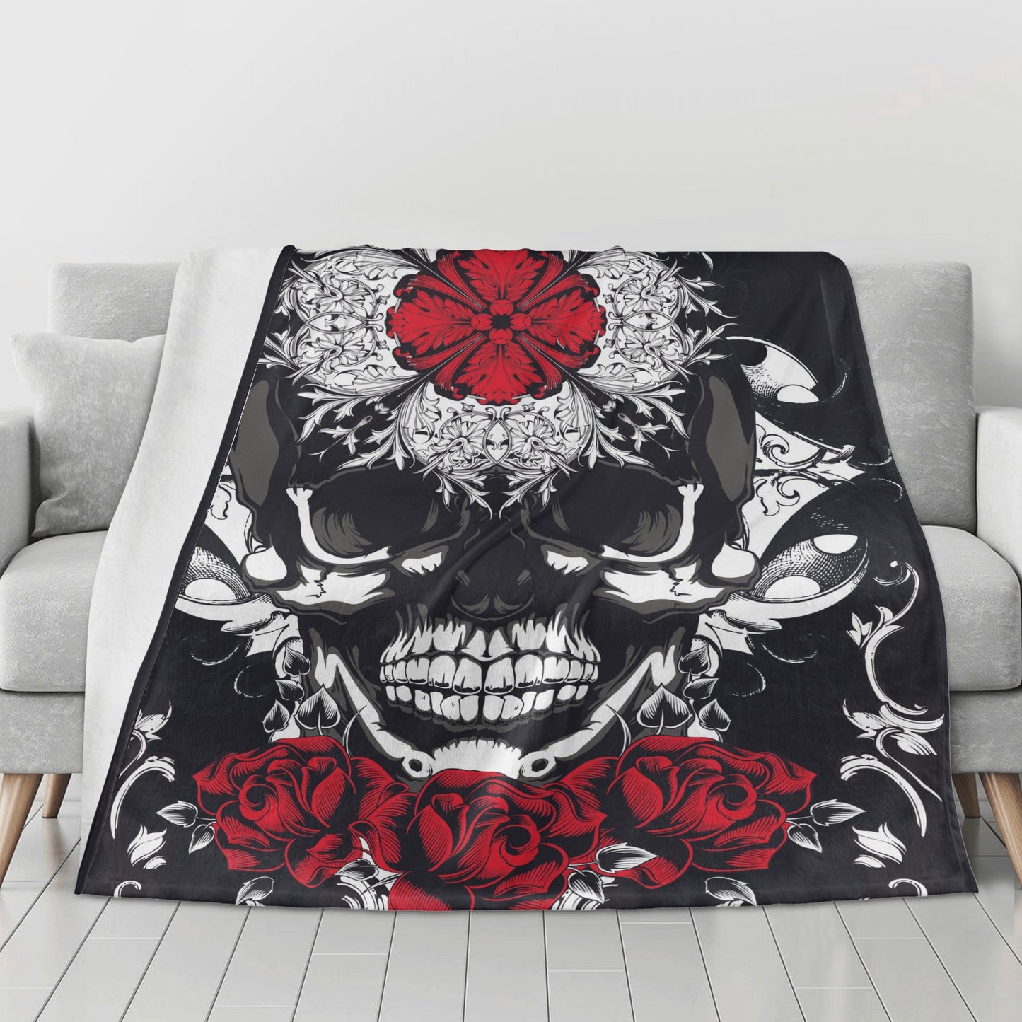 Gothic floral skull Horizontal Flannel Breathable Blanket 4 Sizes