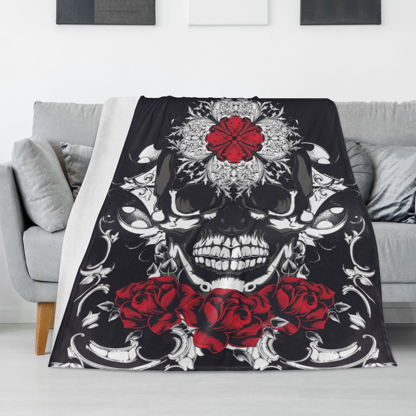 Floral skull pattern Long Vertical Flannel Breathable Blanket 4 Sizes