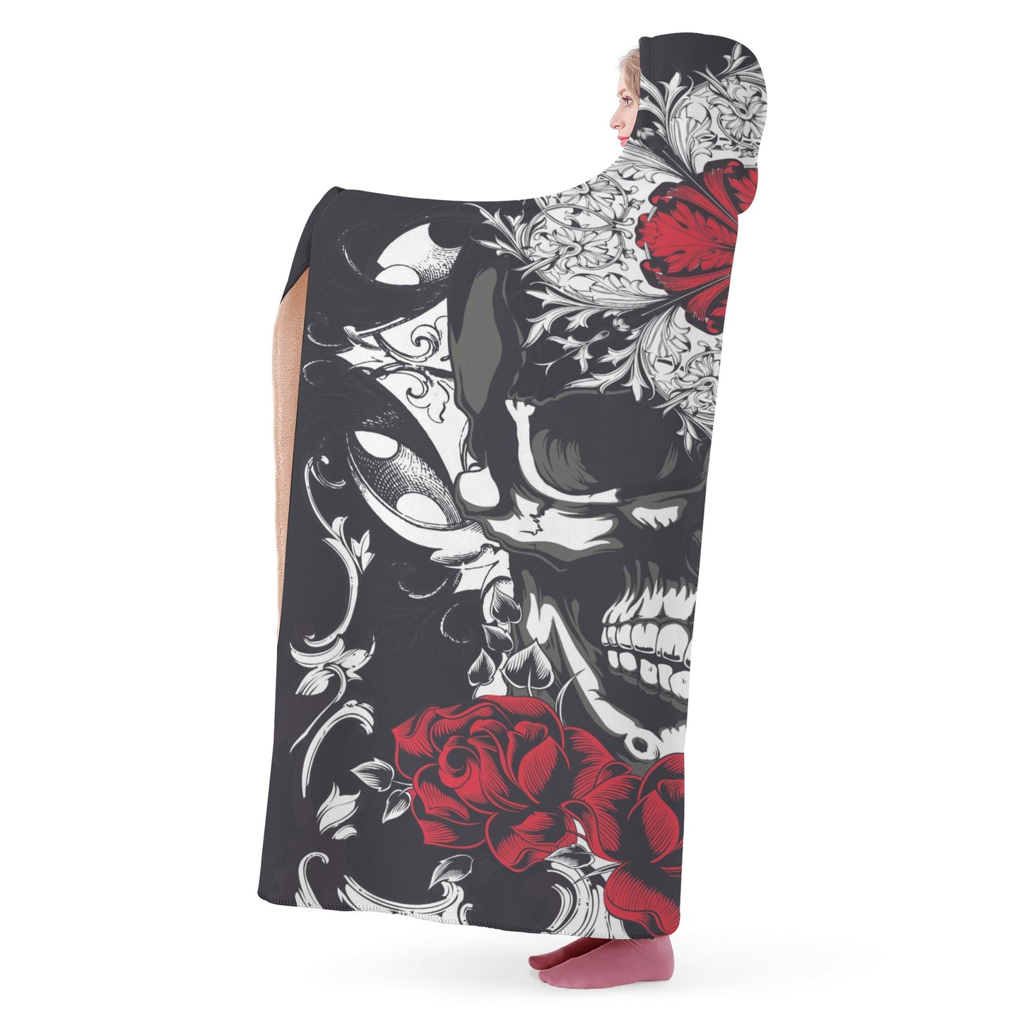 Floral rose skull Halloween Hooded Blanket