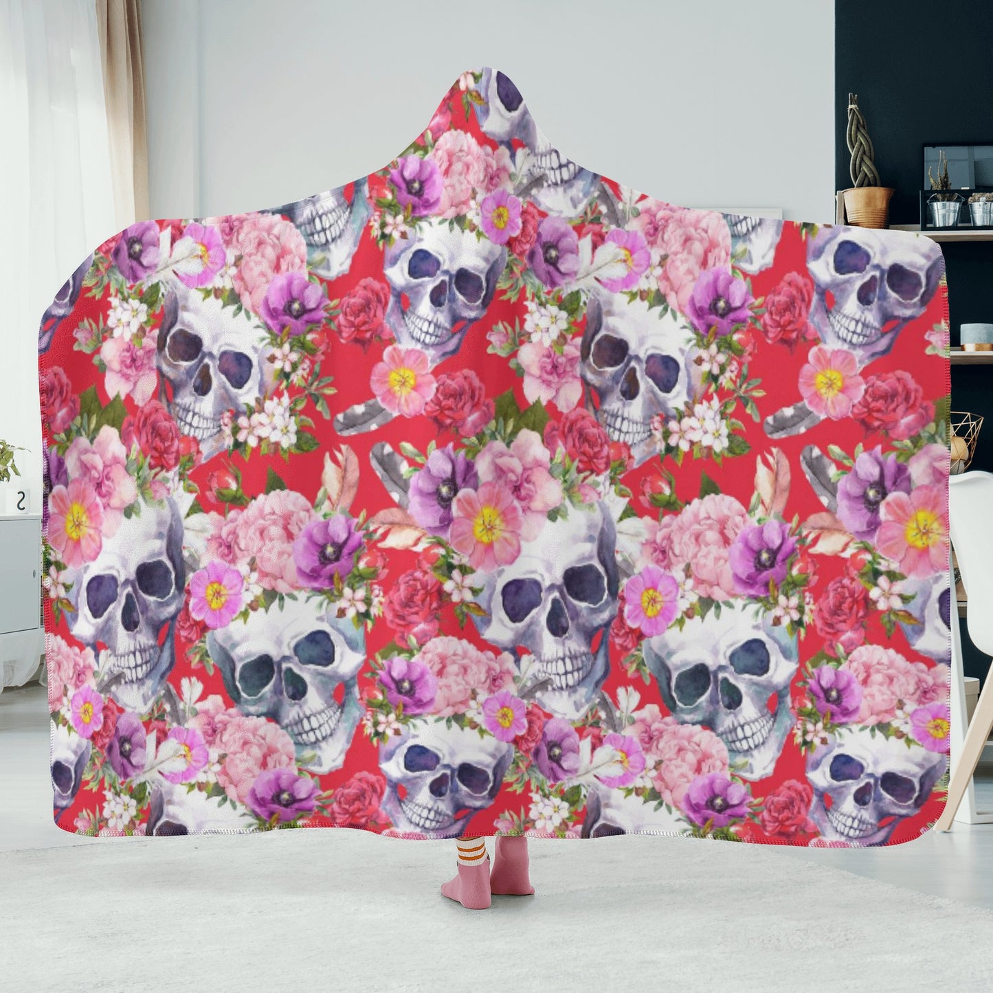 Rose floral skull skeleton halloween Hooded Blanket