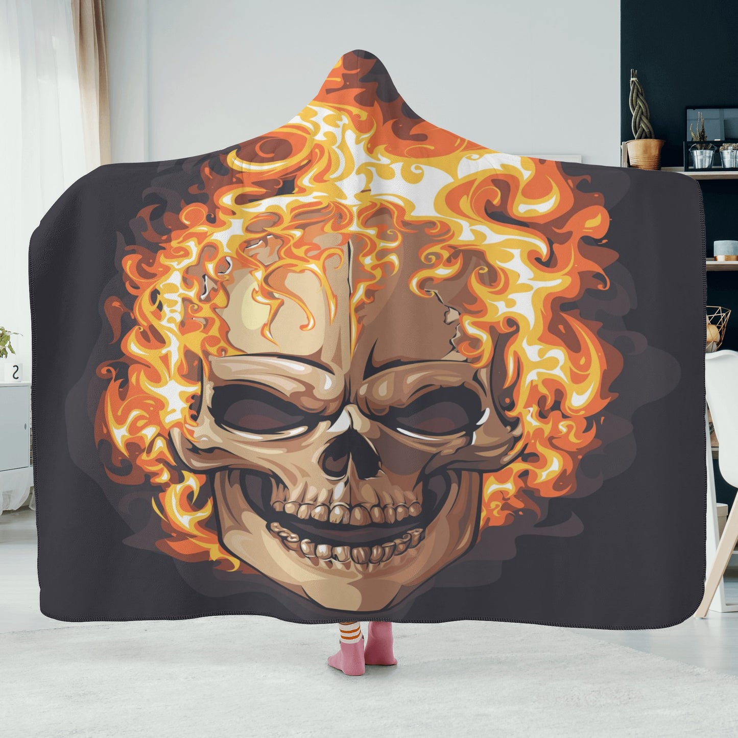 Flaming fire skull Halloween Hooded Blanket