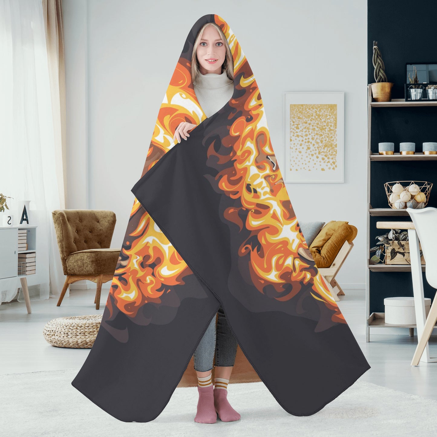 Flaming fire skull Halloween Hooded Blanket