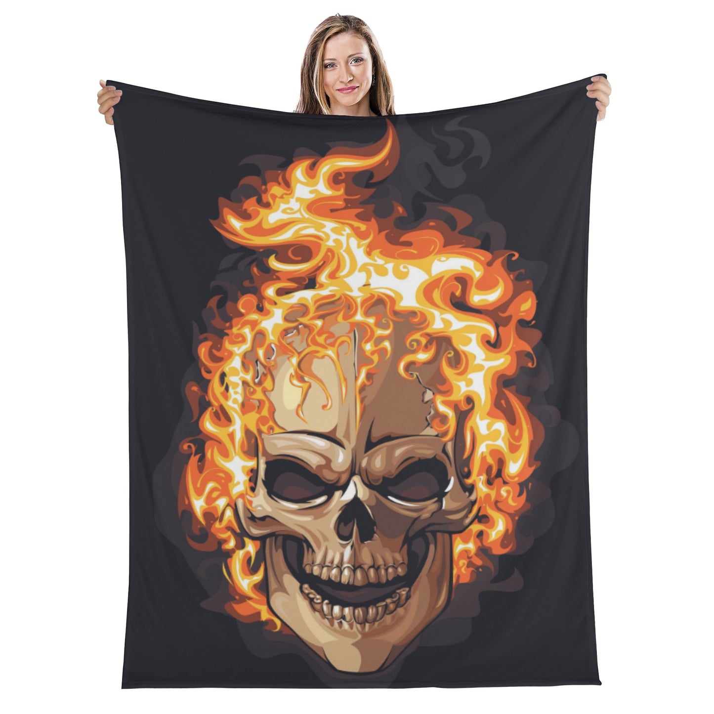 Flaming fire skull Long Vertical Flannel Breathable Blanket 4 Sizes