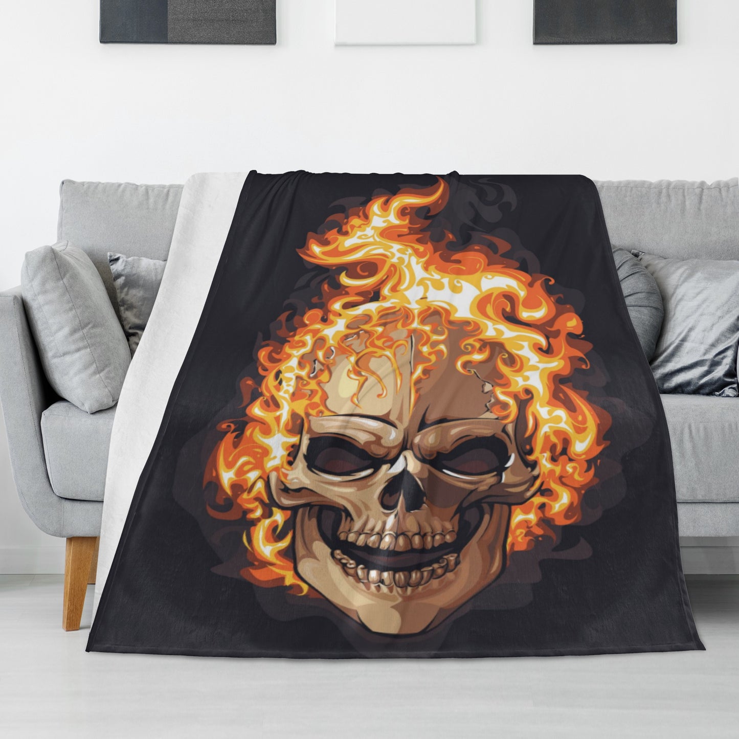 Flaming fire skull Long Vertical Flannel Breathable Blanket 4 Sizes