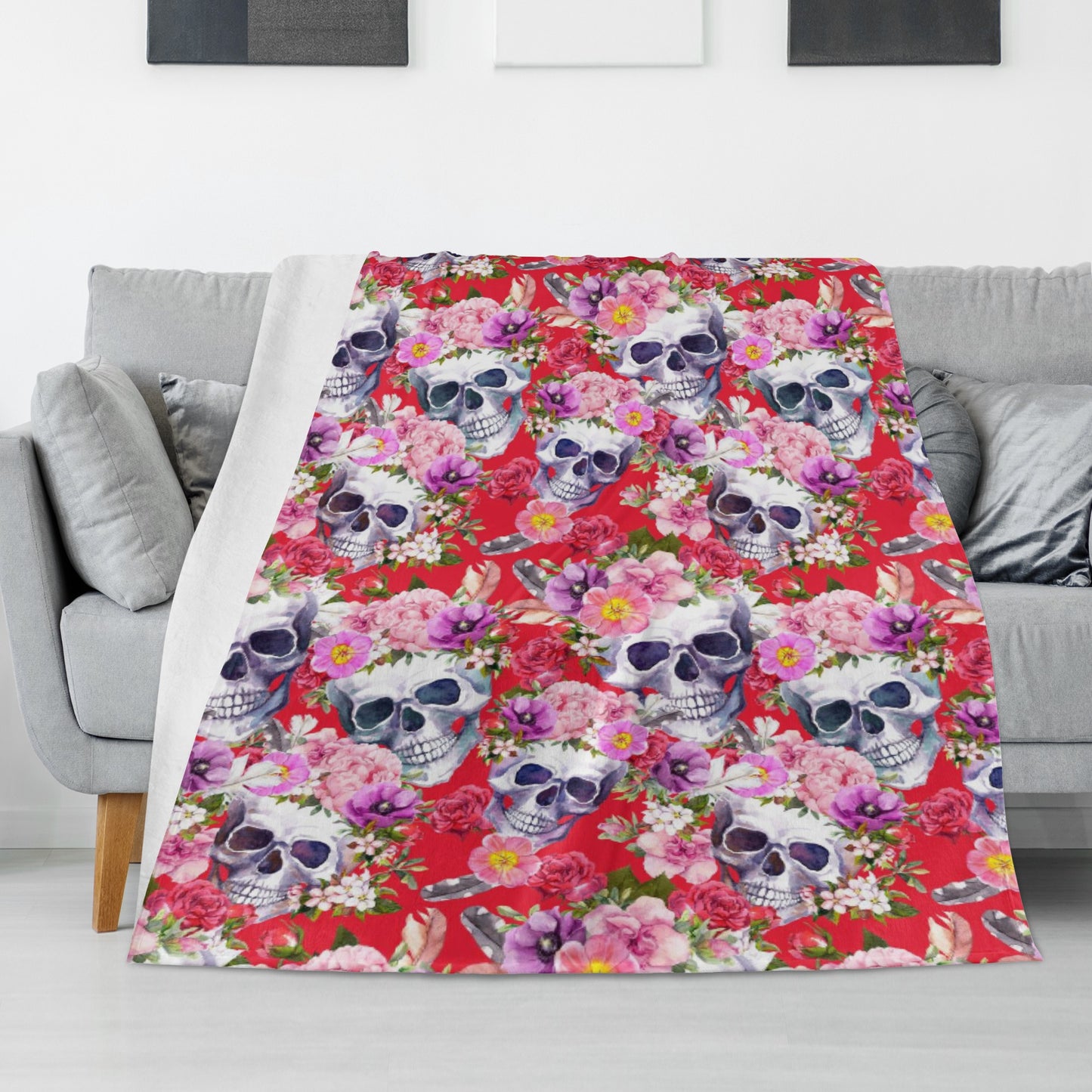 Floral sugar skull Long Vertical Flannel Breathable Blanket 4 Sizes