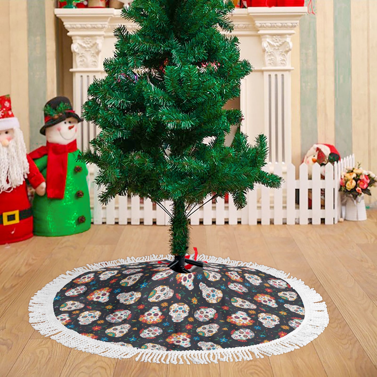 Dia de los muertos Calaveras skull Fringed Christmas Tree Skirts