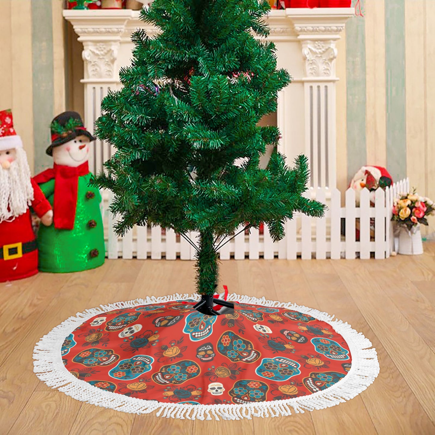 Dia de los muertos sugar skull Fringed Christmas Tree Skirts