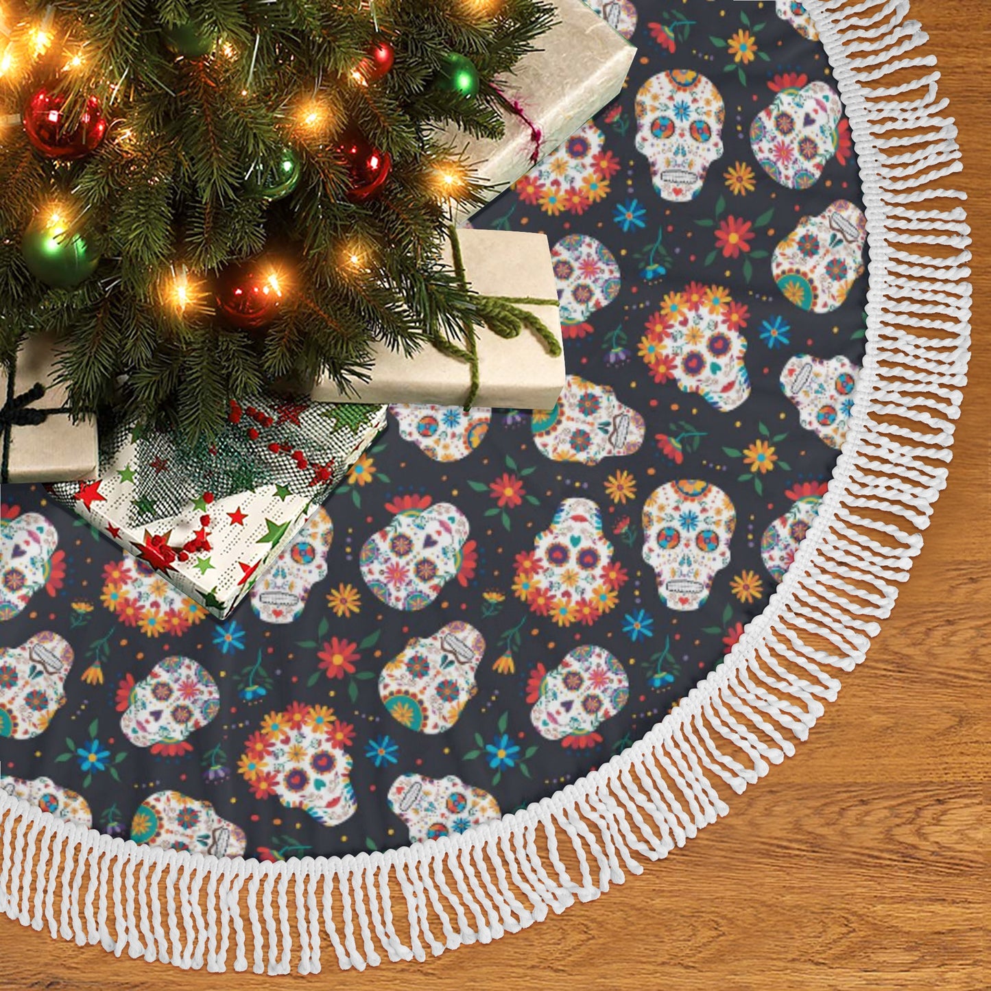 Dia de los muertos Calaveras skull Fringed Christmas Tree Skirts