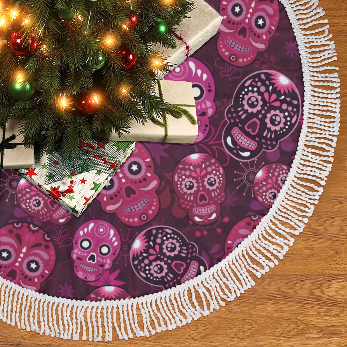 Sugar skull day of the dead Fringed Christmas Tree Skirts