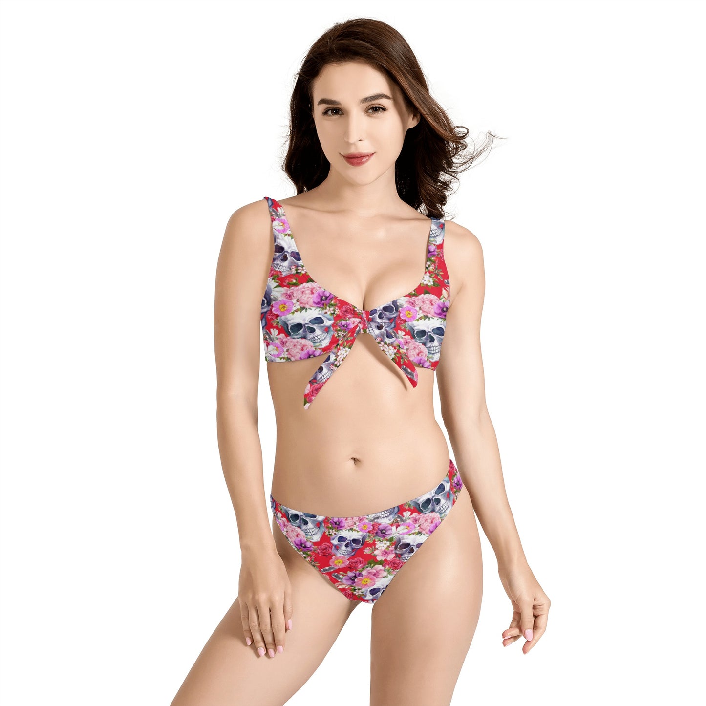 Floral rose skull Halloween Women's Bow Front Bikinis Swimsuit