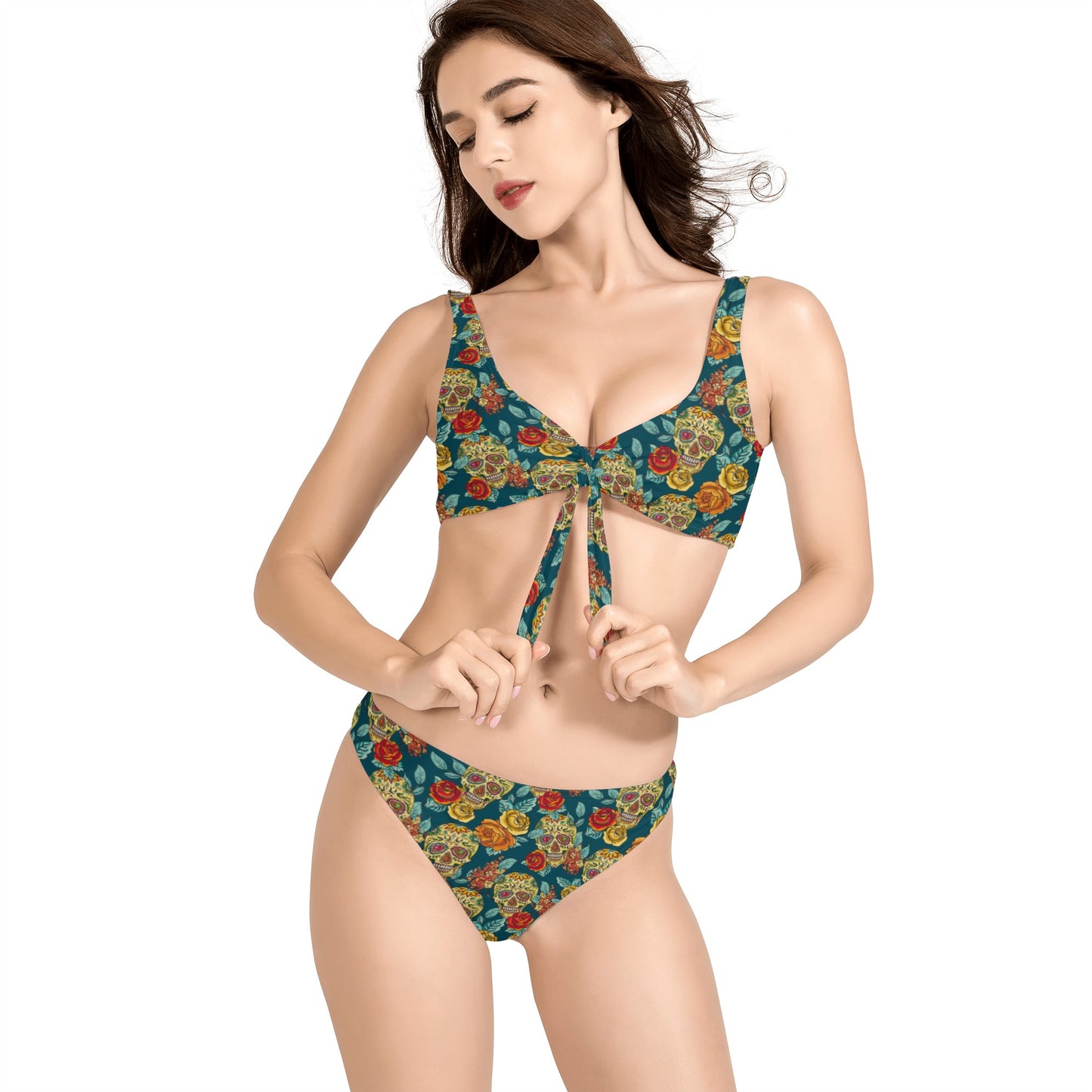 Floral day of the dead Women's Bow Front Bikinis Swimsuit