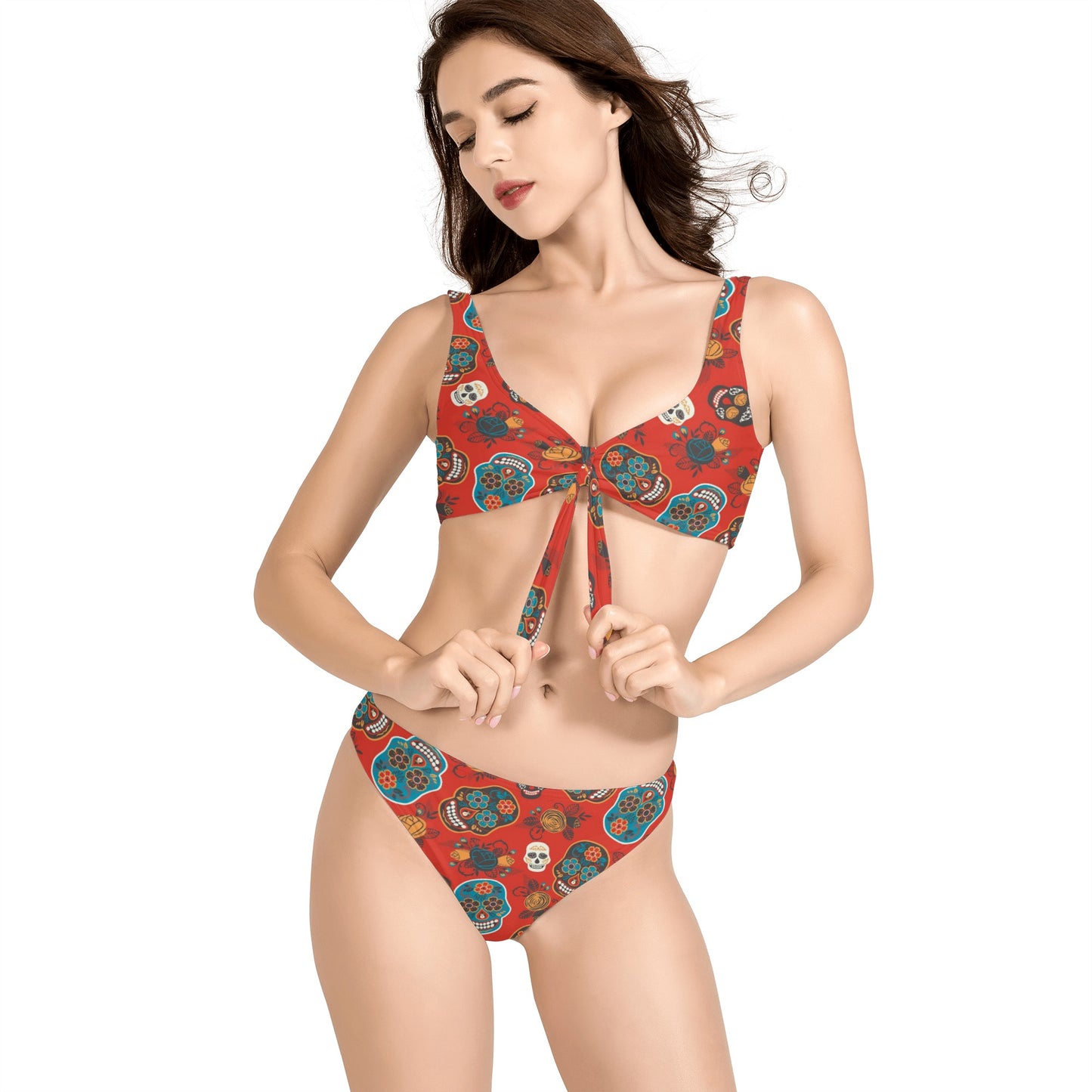 Sugar skull pattern Halloween Women's Bow Front Bikinis Swimsuit