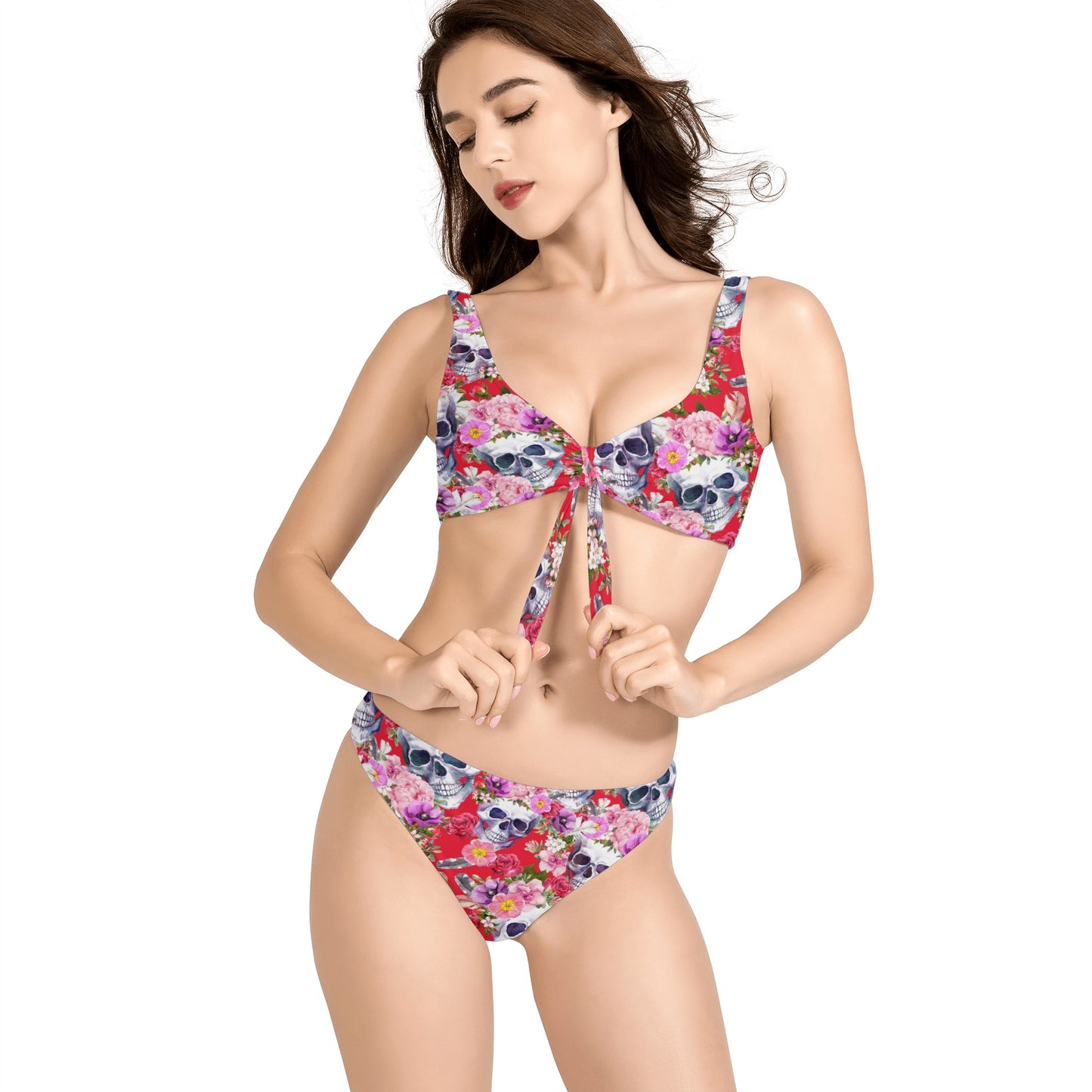 Floral rose skull Halloween Women's Bow Front Bikinis Swimsuit