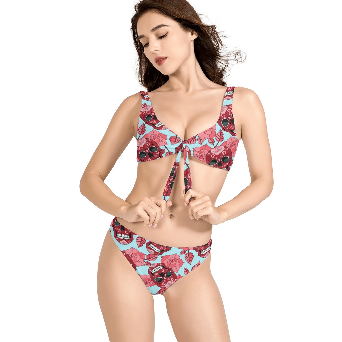 Floral sugar skull Dia de los muertos Women's Bow Front Bikinis Swimsuit