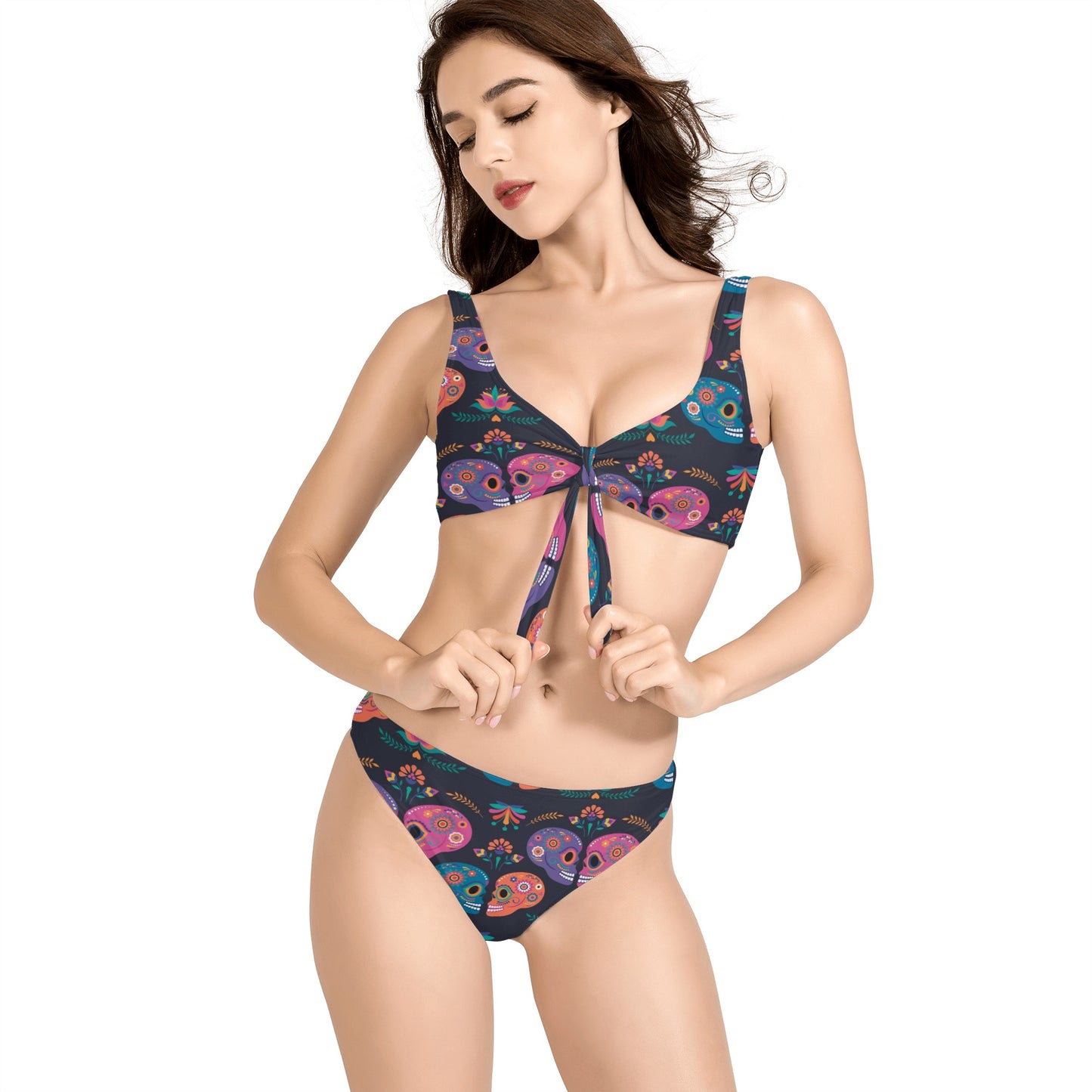 Sugar skull heart love Women's Bow Front Bikinis Swimsuit