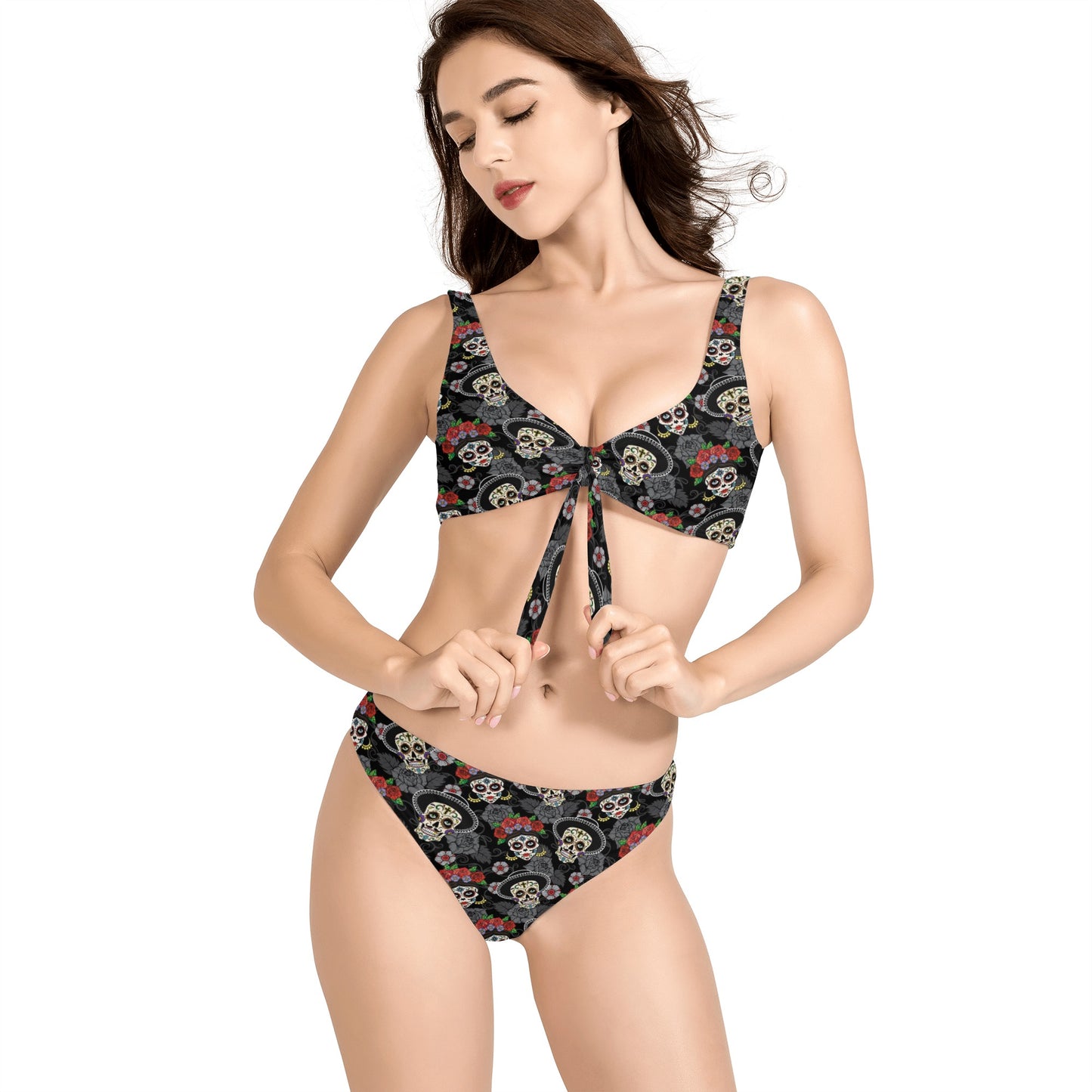 Skull day of the dead Women's Bow Front Bikinis Swimsuit