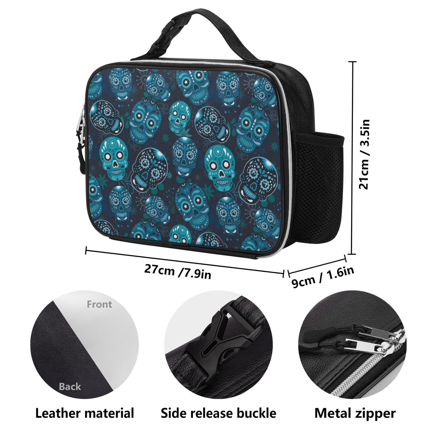 Sugar skull day of the dead Halloween gothic Detachable Leather Lunch Bag