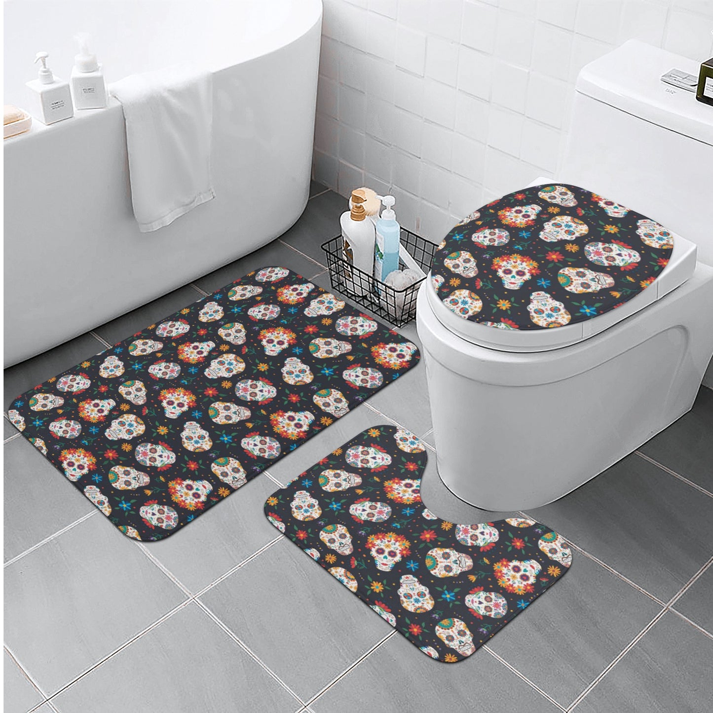 Sugar skull day of the dead bath rugs