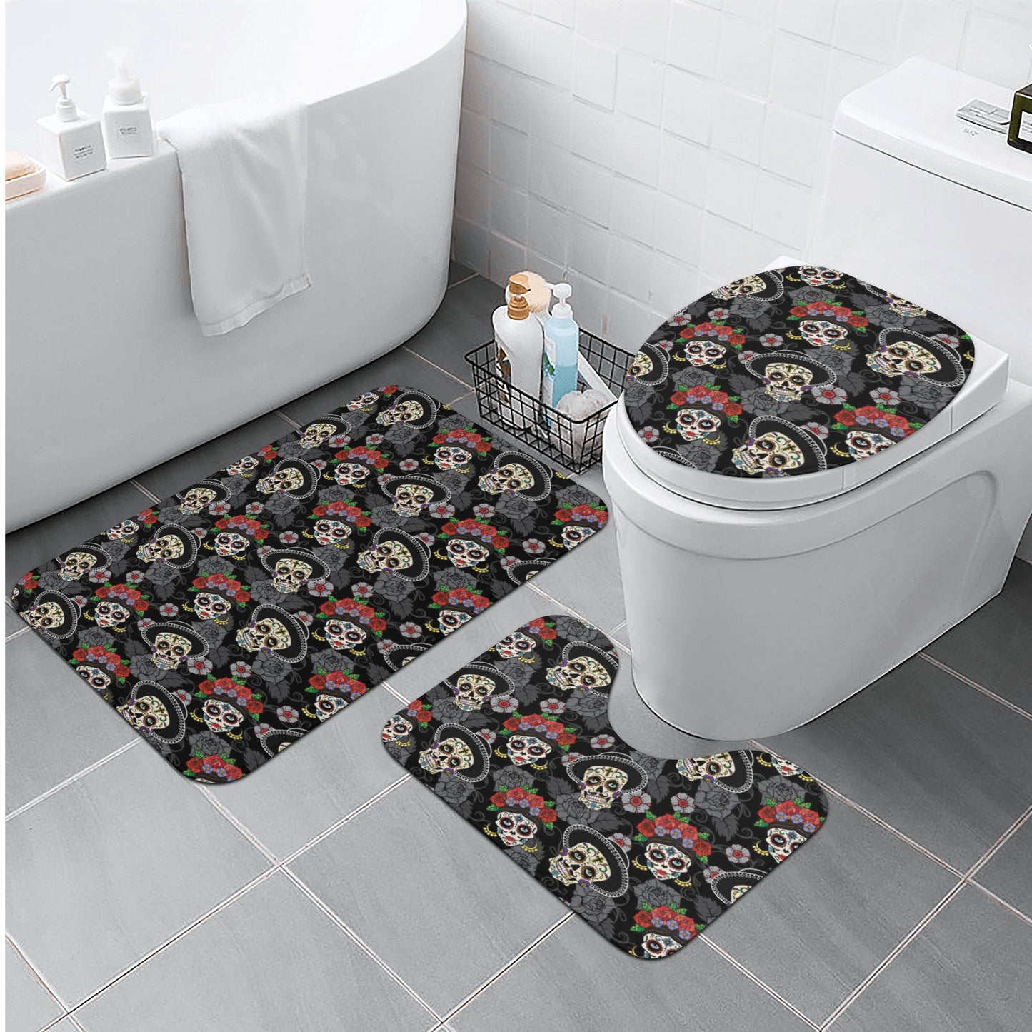 Sugar skull day of the dead bath rugs