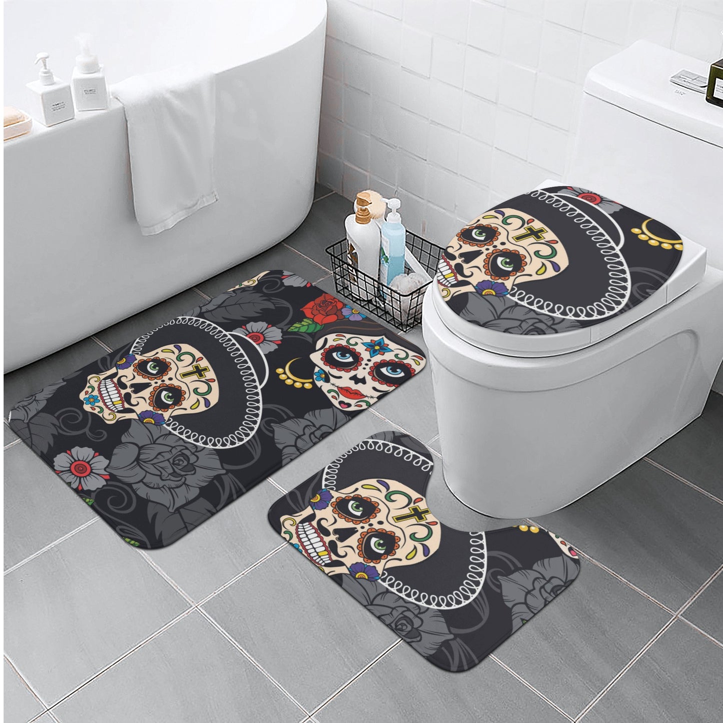 Sugar skull day of the dead bath rugs