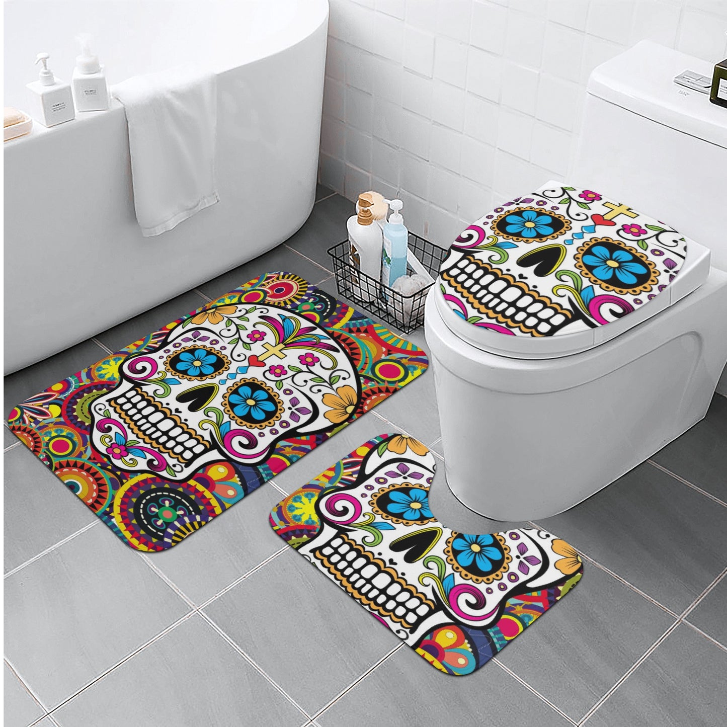 Sugar skull day of the dead bath rugs