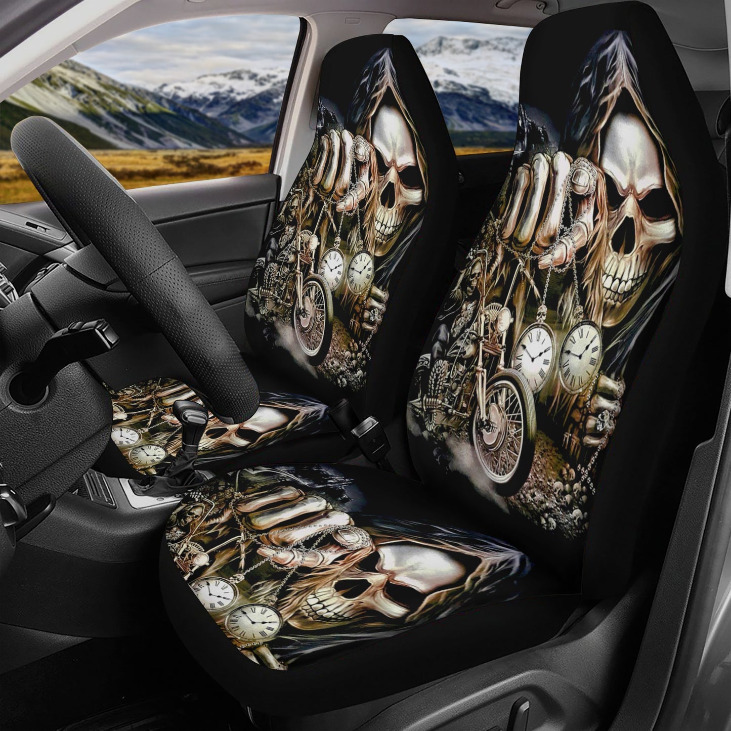 Punisher skull car seat cushion cover, punisher skull seat cover for truck, motorcycle skull car seat cover, flaming skull front and back ca