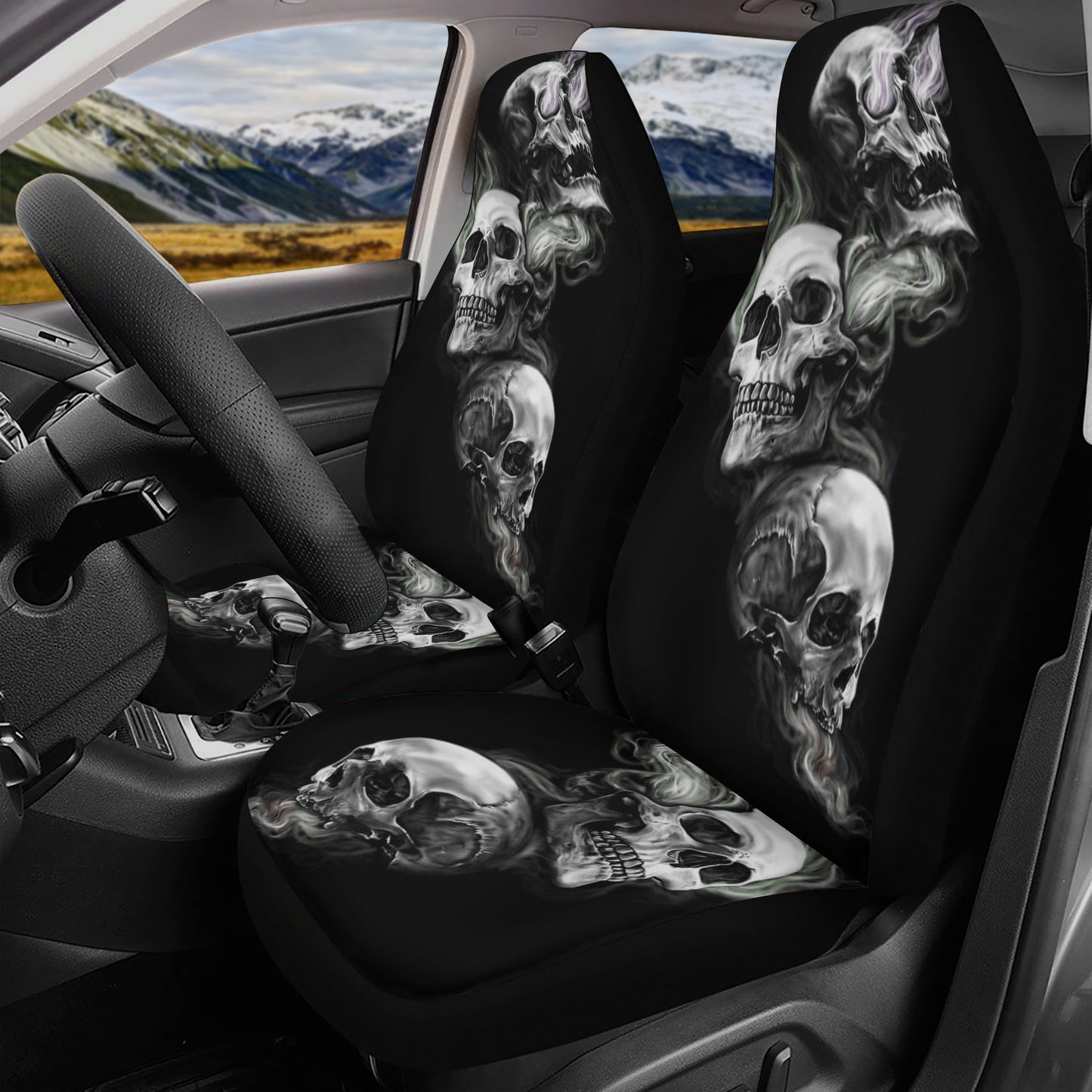 Evil seat cover for truck, evil car mat, goth car mat flooring, flaming skull car tool, skull in fire car seat cover, horror car floor mat,