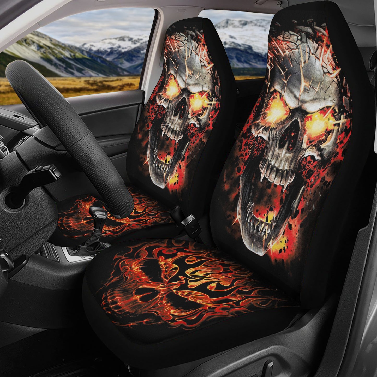 Flaming skull car protector, floral skull seat cover for truck, flame skull car protector, punisher skull slip-on seat covers, skull mat for