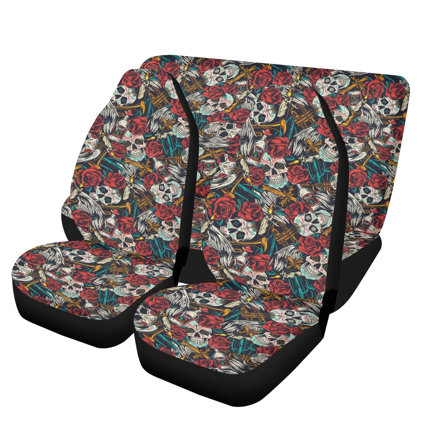Skull in fire front and back car seat covers, goth mat for car, biker skull car rug, halloween seat cover for car, halloween car accessories