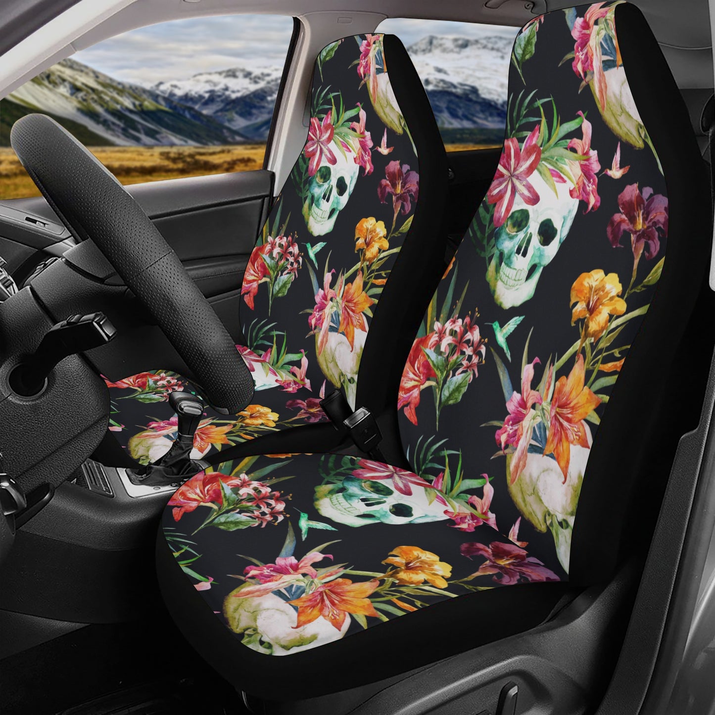 Flower skull slip-on seat covers, grim reaper rug mat for car, horror car protector, biker skull car floor mat, biker skull car protector, s