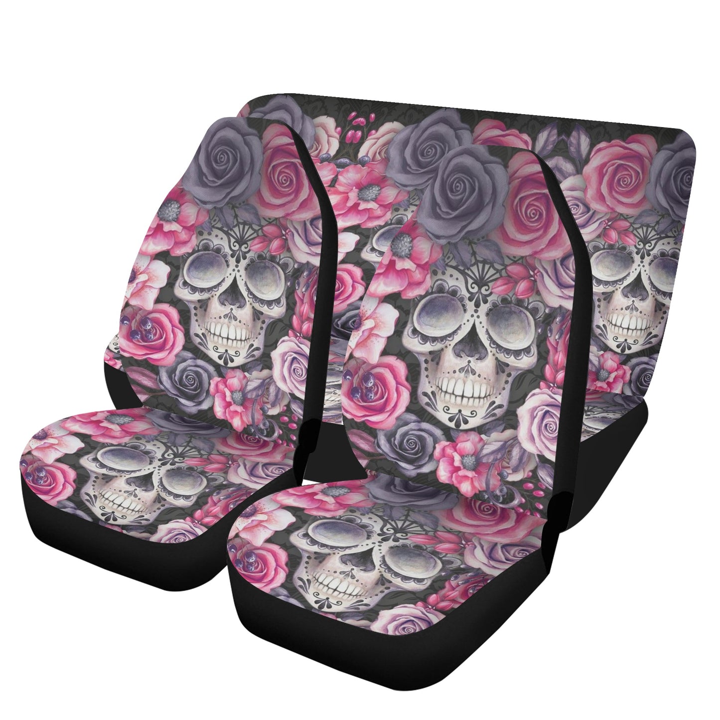 Skull front and back car seat covers, christmas skull car seat tool, goth rug mat for car, death skull car mat, rose skull front and back ca