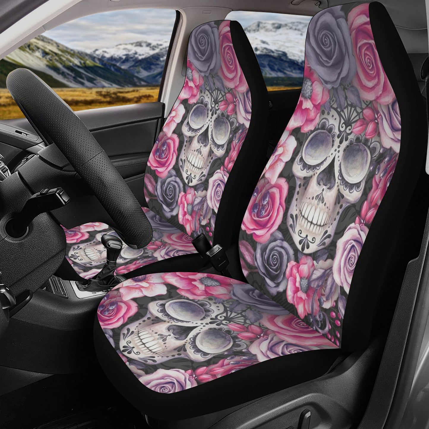 Skull front and back car seat covers, christmas skull car seat tool, goth rug mat for car, death skull car mat, rose skull front and back ca