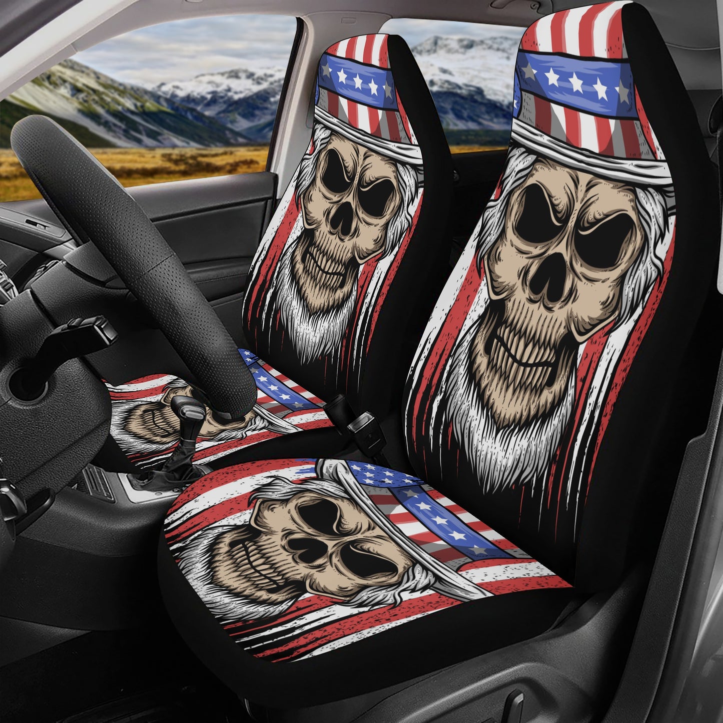 Horror front and back car seat covers, skull car floor mat, christmas skull mat for vehicles, halloween car mat flooring, grim reaper seat c