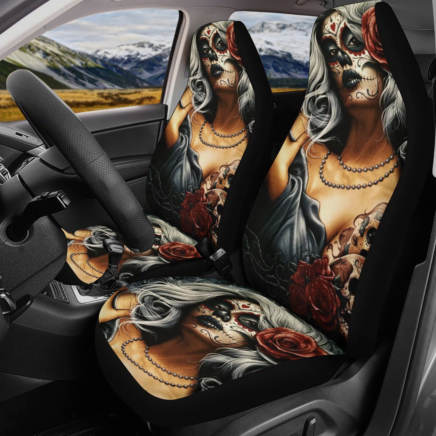 Floral skull car mat, floral skull slip-on seat covers, sugar skull rug for car, calaveras skull car accessories, cinco de mayo skull car pr