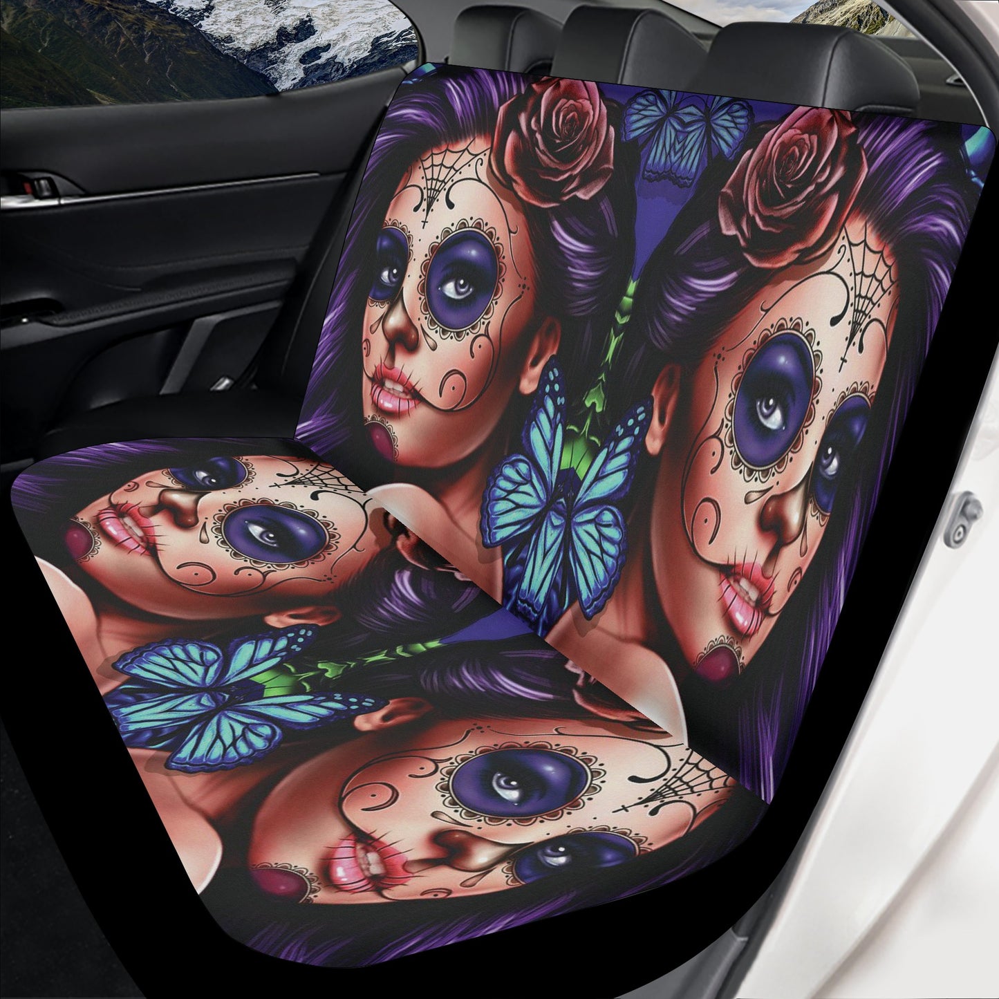 Sugar skull girl seat cover for truck, floral sugar skull car mat, sugar skull car accessories, mexico rug mat for car, floral skull car sea