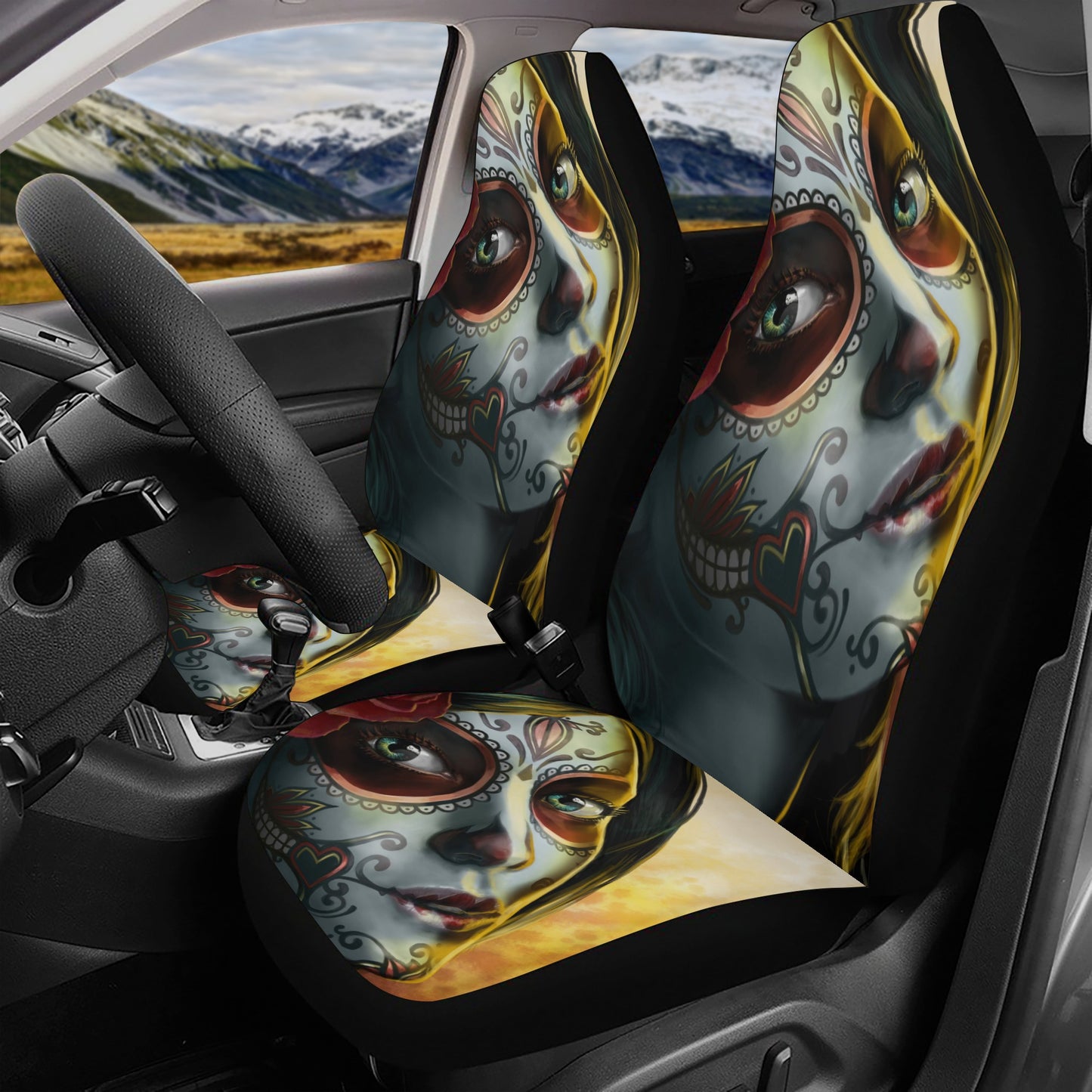 Dia de los muertos skull car mat flooring, candy skull cover cushion accessories for Cars, sugar skull seat cover for truck, mexico car seat