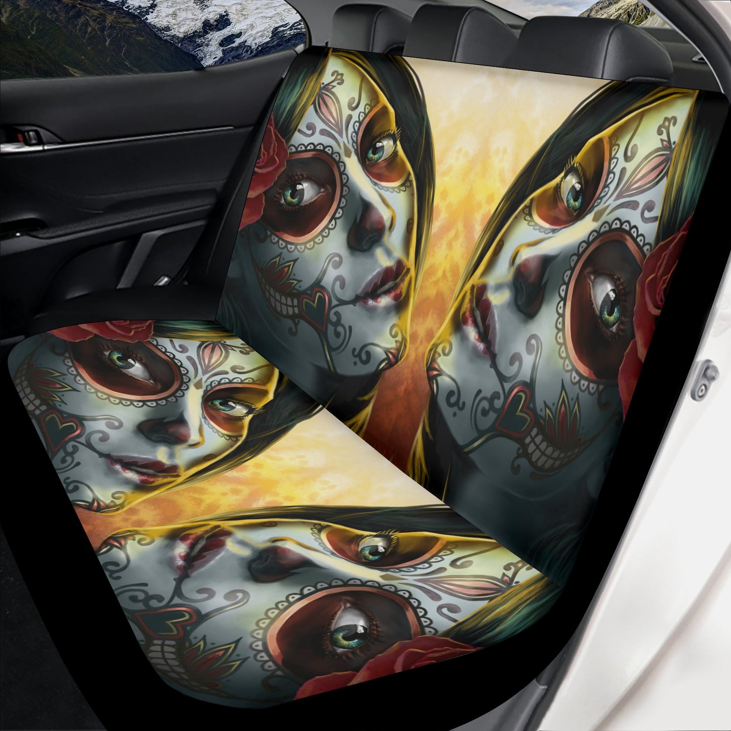 Dia de los muertos skull car mat flooring, candy skull cover cushion accessories for Cars, sugar skull seat cover for truck, mexico car seat