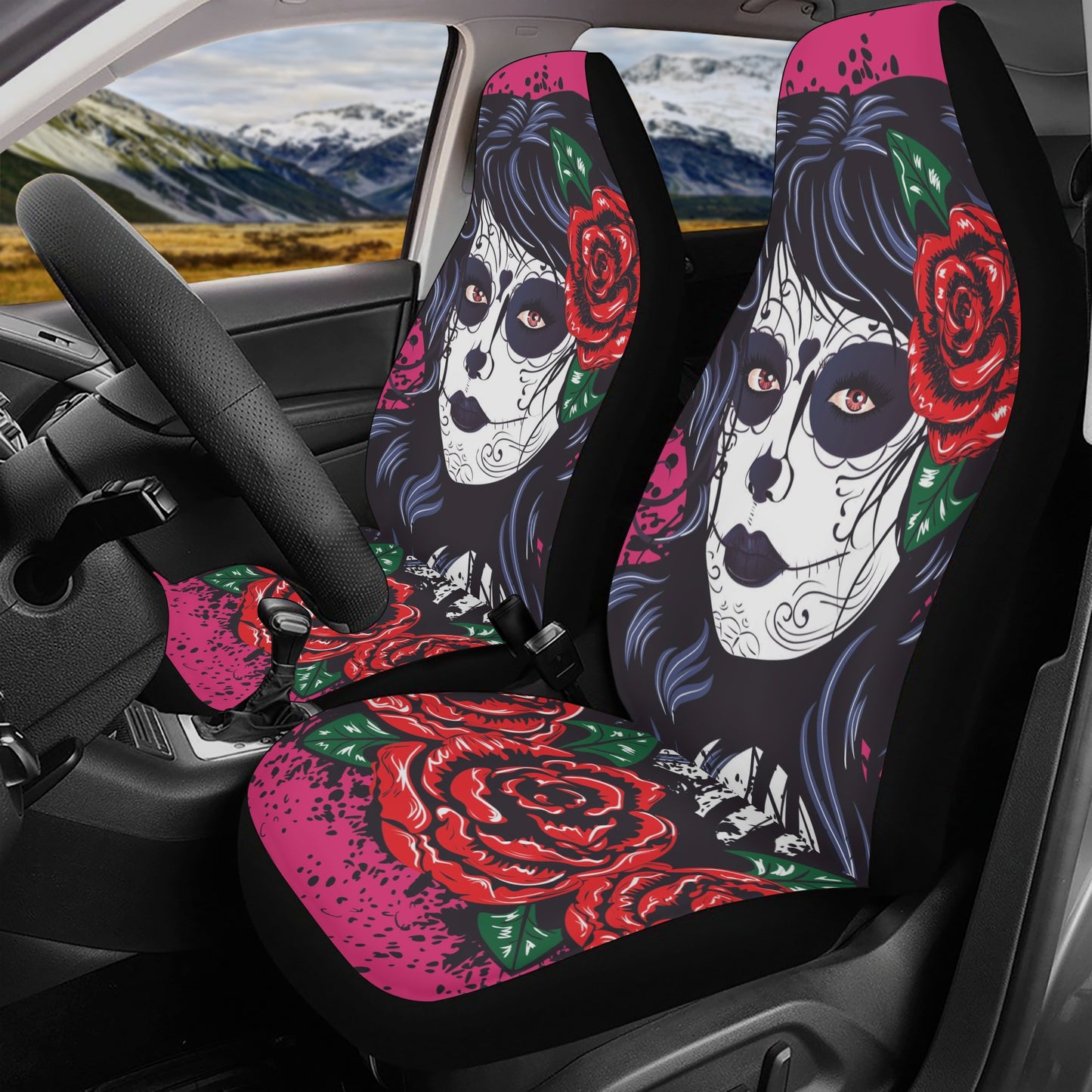 Calaveras skull rug mat for car, sugar skull girl car seat cushion cover, cinco de mayo skull car seat cushion cover, mexico floor mat for c