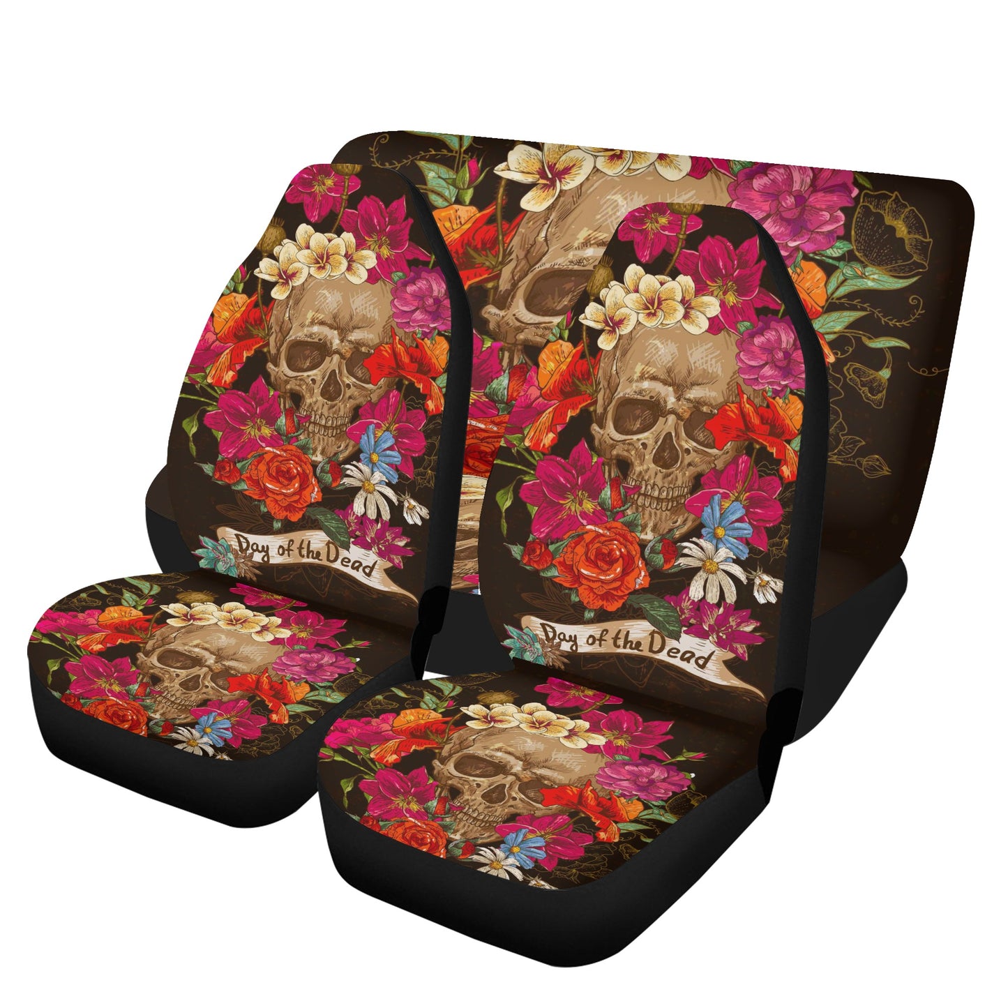 Skeleton rug mat for car, skull in fire seat cover protector, flower skull washable car seat covers, flame skull front and back car seat cov