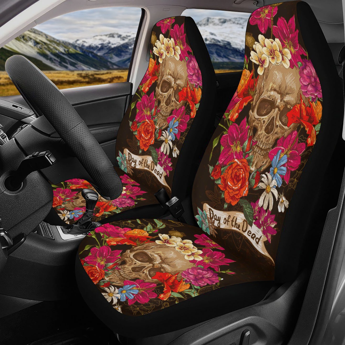 Skeleton rug mat for car, skull in fire seat cover protector, flower skull washable car seat covers, flame skull front and back car seat cov