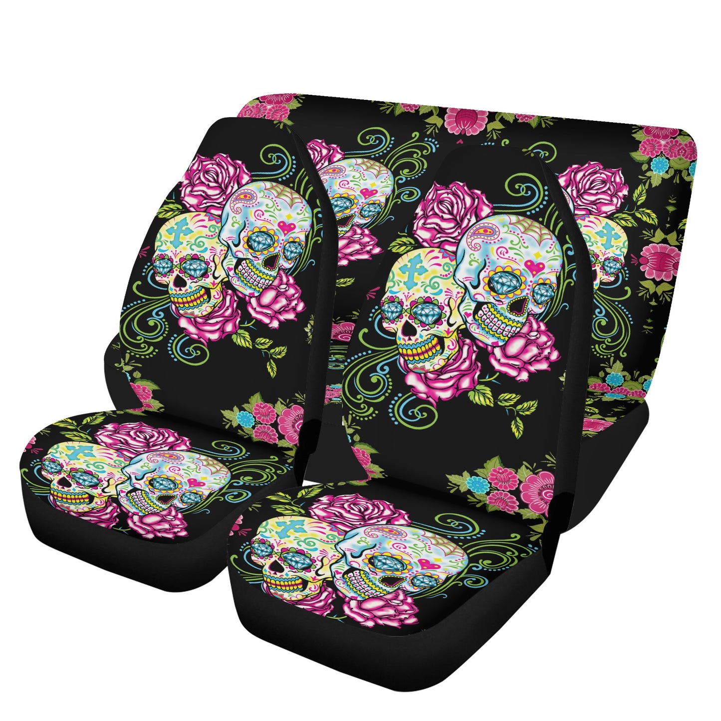 Calaveras skull slip-on seat covers, sugar skull seat cover for vehicles, day of the dead seat cover for vehicles, calaveras skull car prote