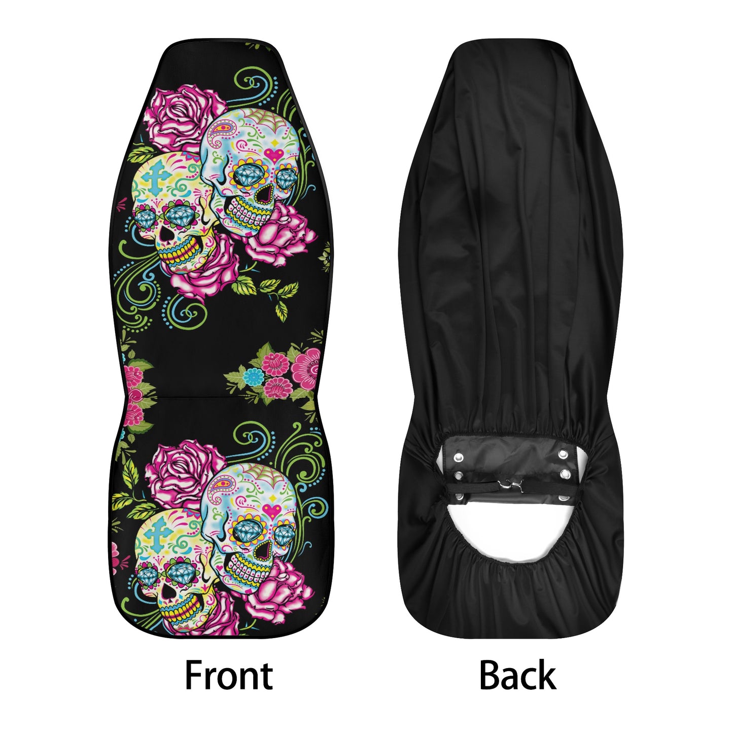 Calaveras skull slip-on seat covers, sugar skull seat cover for vehicles, day of the dead seat cover for vehicles, calaveras skull car prote